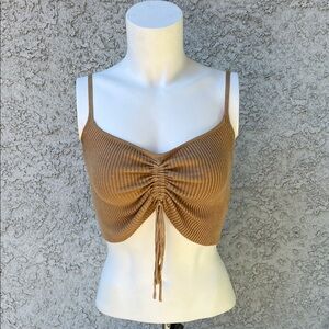 Twine and String Cinch Drawstring Ruched Women's Bra Top Brown Ribbed Cropped